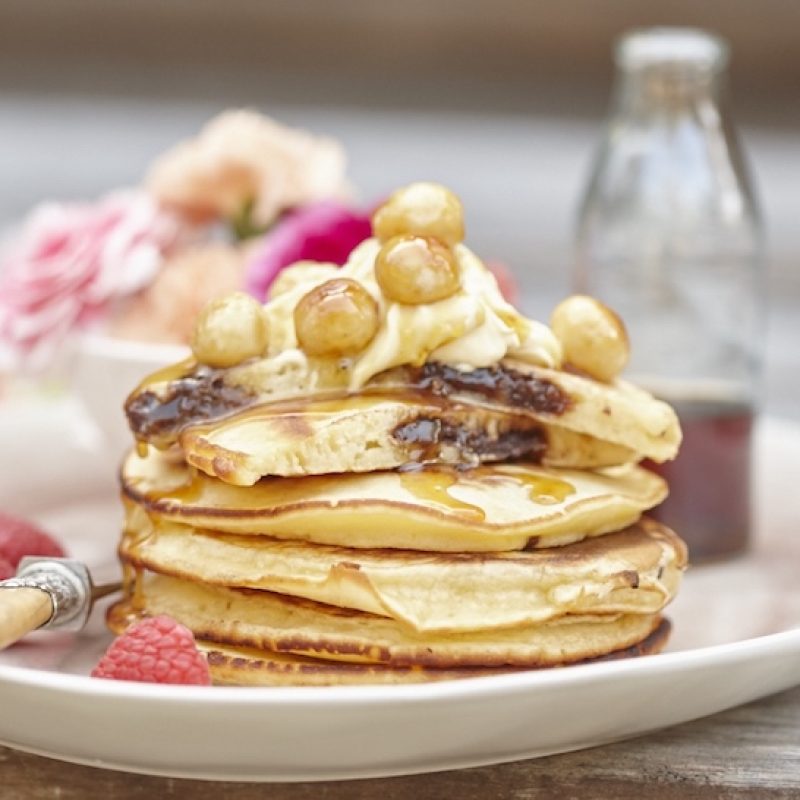 Chocolate macadamia nut butter filled pancakes